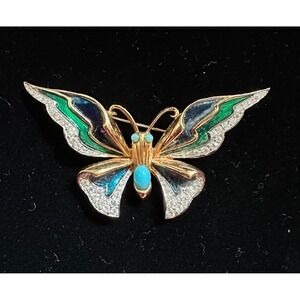 Jomaz Butterfly Brooch Enamel & Rhinestones Gold Blue Green